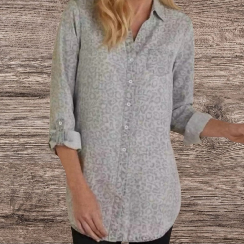 Soft Surroundings Gray Leopard Print Timeless Button Up Tunic Top Womens Size XL